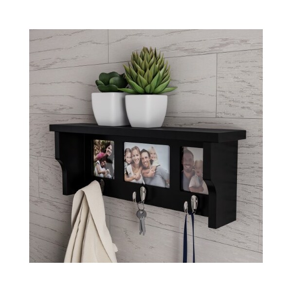 Hastings Home Wall Shelf and Picture Collage with Ledge and 3 Hanging Hooks Photo Frame Decor Shelving Black - 995108OPP