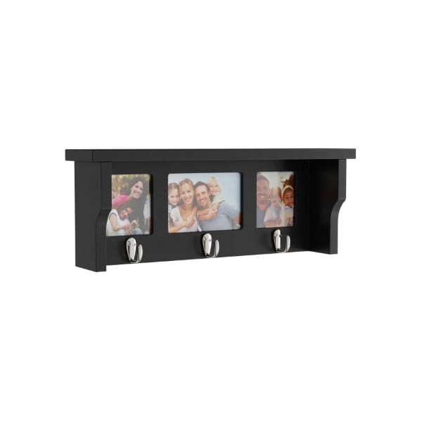 Hastings Home Wall Shelf and Picture Collage with Ledge and 3 Hanging Hooks Photo Frame Decor Shelving Black - 995108OPP