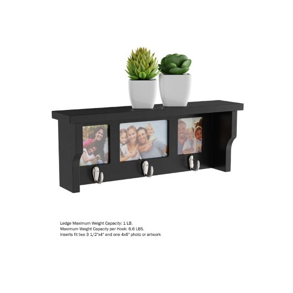 Hastings Home Wall Shelf and Picture Collage with Ledge and 3 Hanging Hooks Photo Frame Decor Shelving Black - 995108OPP