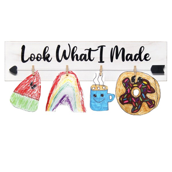 Elegant Designs Hanging 4 Photo Frame with Clips Hearted Arrow and Look What I Made in Black Text, White Wash - HG2038-WBM
