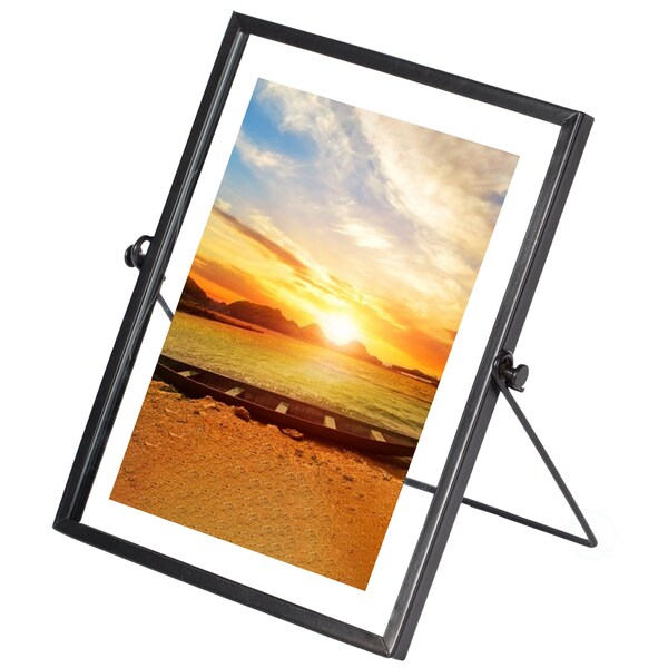 Fabulaxe Modern Metal Floating Tabletop Photo Picture Frame with Glass Cover and Easel Stand, Black 5 x 7 - QI004066.BK.L
