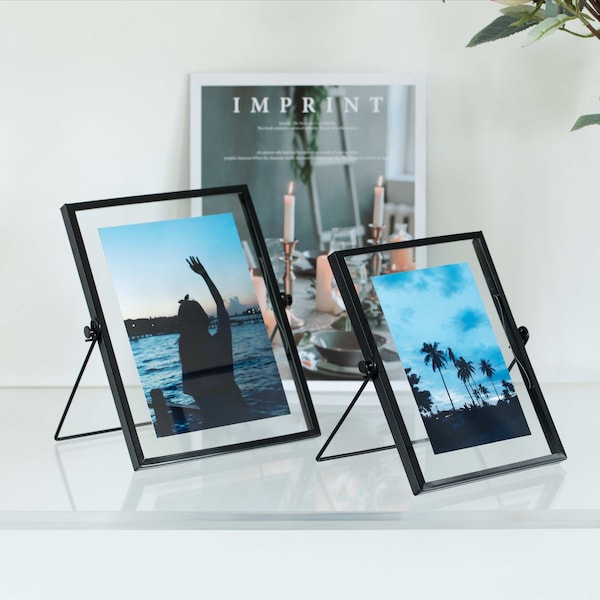Fabulaxe Modern Metal Floating Tabletop Photo Picture Frame with Glass Cover and Easel Stand, Black 5 x 7 - QI004066.BK.L