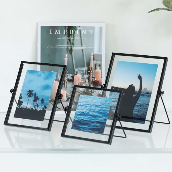 Fabulaxe Modern Metal Floating Tabletop Photo Picture Frame with Glass Cover and Easel Stand, Black 5 x 7 - QI004066.BK.L