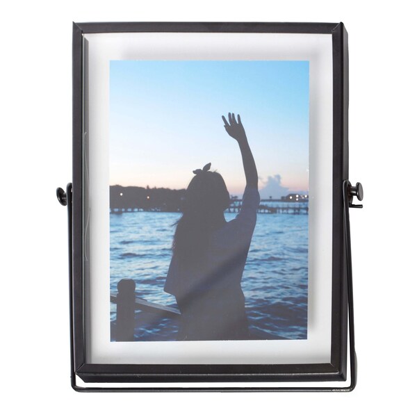 Fabulaxe Modern Metal Floating Tabletop Photo Picture Frame with Glass Cover and Easel Stand, Black 5 x 7 - QI004066.BK.L