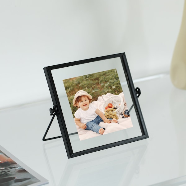 Fabulaxe Modern Metal Floating Tabletop Square Photo Picture Frame w/Glass Cover and Easel Stand, Black 4 x 4 - QI004066.BK.S