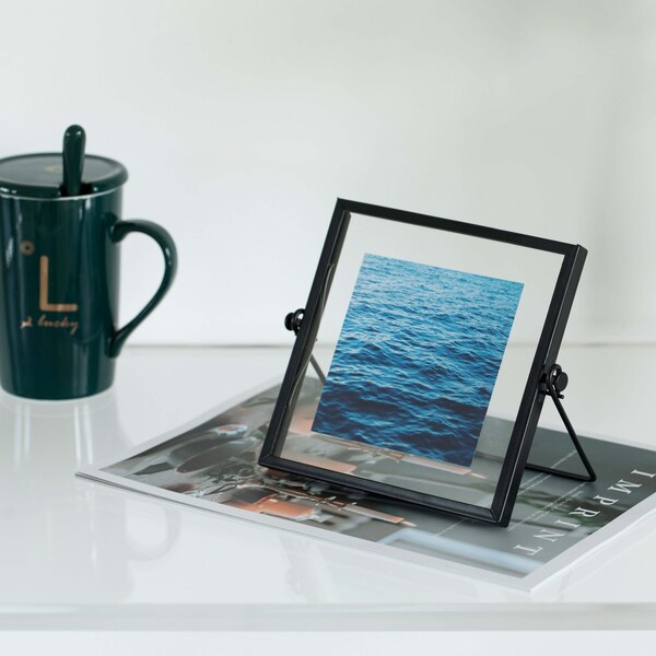 Fabulaxe Modern Metal Floating Tabletop Square Photo Picture Frame w/Glass Cover and Easel Stand, Black 4 x 4 - QI004066.BK.S