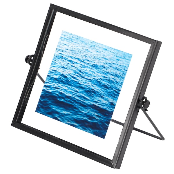 Fabulaxe Modern Metal Floating Tabletop Square Photo Picture Frame w/Glass Cover and Easel Stand, Black 4 x 4 - QI004066.BK.S