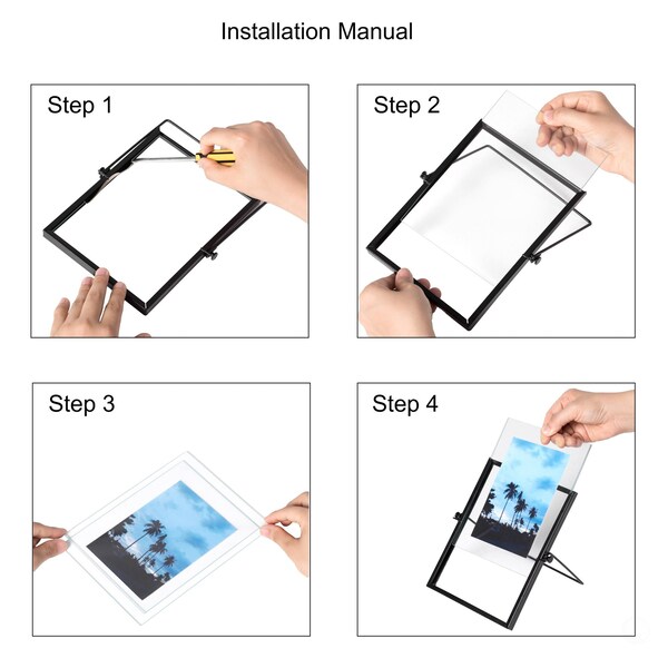 Fabulaxe Modern Metal Floating Tabletop Square Photo Picture Frame w/Glass Cover and Easel Stand, Black 4 x 4 - QI004066.BK.S