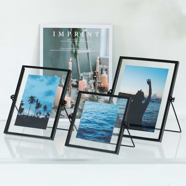 Fabulaxe Modern Metal Floating Tabletop Square Photo Picture Frame w/Glass Cover and Easel Stand, Black 4 x 4 - QI004066.BK.S