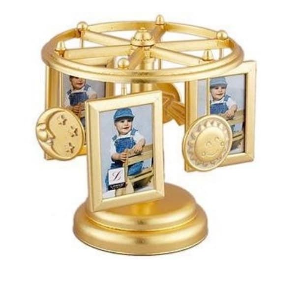 Blueprints Wind Up Musical Carousel Picture Frame - Gold Sun Moon and Stars Design - Holds 6 2x3 Photos - BL92430