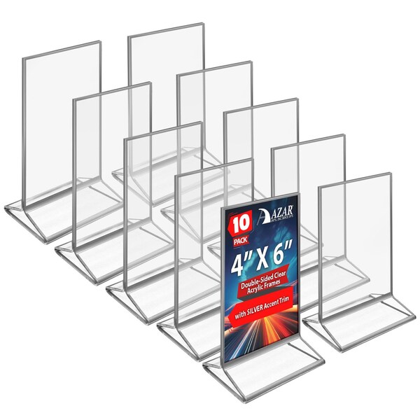 Azar Displays Silver Double-Sided Clear Acrylic Frames with Accent Trim 4 W x 6 H, 10PK - 152792-SLV-10PK