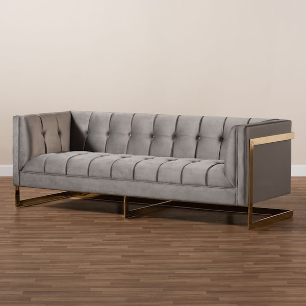 Baxton Studio Ambra Grey Velvet Upholstered and Tufted Sofa with Gold-Tone Frame - 156-8865