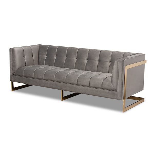 Baxton Studio Ambra Grey Velvet Upholstered and Tufted Sofa with Gold-Tone Frame - 156-8865