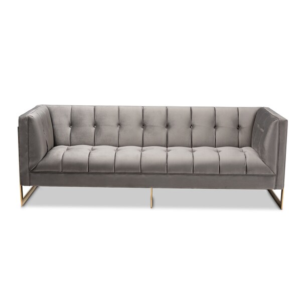 Baxton Studio Ambra Grey Velvet Upholstered and Tufted Sofa with Gold-Tone Frame - 156-8865