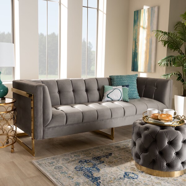 Baxton Studio Ambra Grey Velvet Upholstered and Tufted Sofa with Gold-Tone Frame - 156-8865