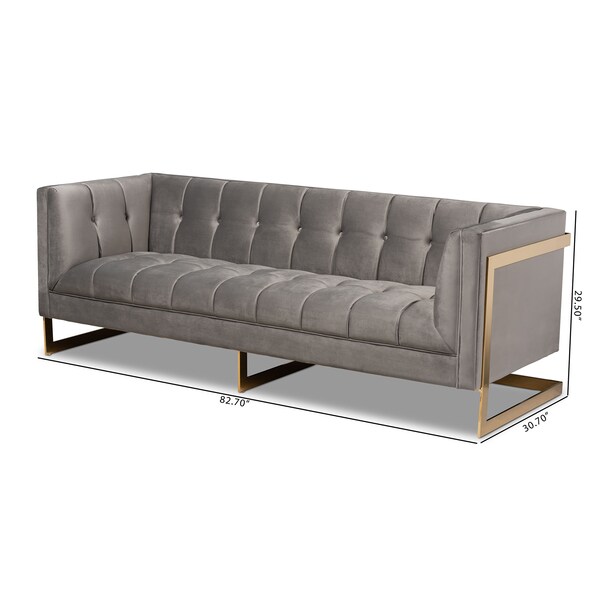 Baxton Studio Ambra Grey Velvet Upholstered and Tufted Sofa with Gold-Tone Frame - 156-8865
