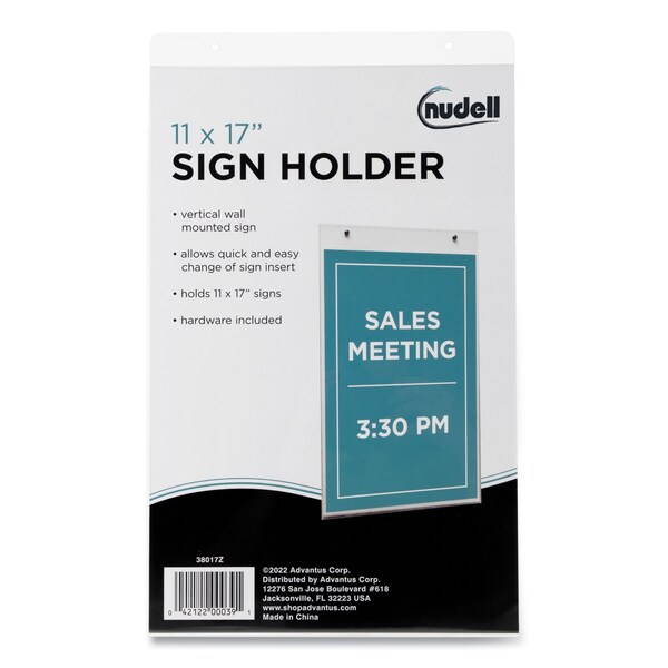 Nudell Clear Plastic Vertical-Orientation Wall Sign Holder with Mounting Screws, 11 x 17 Insert - 38017Z