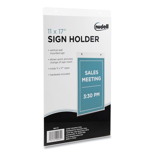 Nudell Clear Plastic Vertical-Orientation Wall Sign Holder with Mounting Screws, 11 x 17 Insert - 38017Z