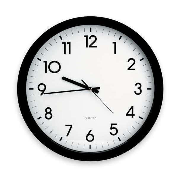 Zoro Select Round Analog Quartz Wall Clock, 15 in Dia, Black, 12 hr, Plastic/Glass, Battery Powered - 6NN65