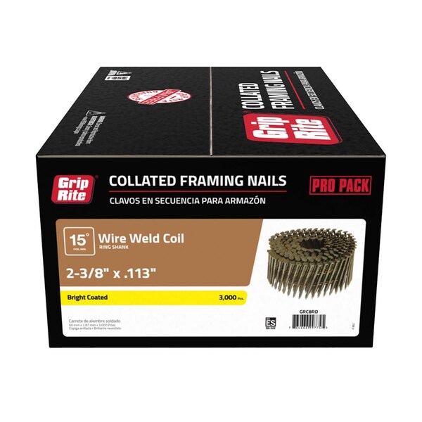 Grip-Rite Grip-Rite 2-3/8 in. L X 11 Ga. Wire Coil Brite Framing Nails 15 deg 3000 pk - GRC8RD