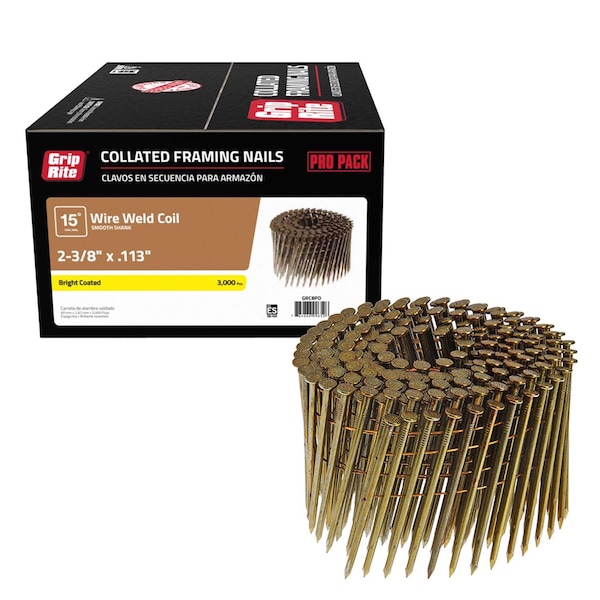 Grip-Rite Grip-Rite 2-3/8 in. L Wire Coil Bright Framing Nails 15 deg 3000 pk - GRC8PD