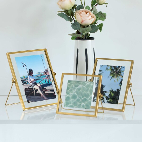 Fabulaxe Modern Metal Floating Tabletop Photo Picture Frame with Glass Cover and Easel Stand, Gold 4 x 6 - QI004066.GD.M