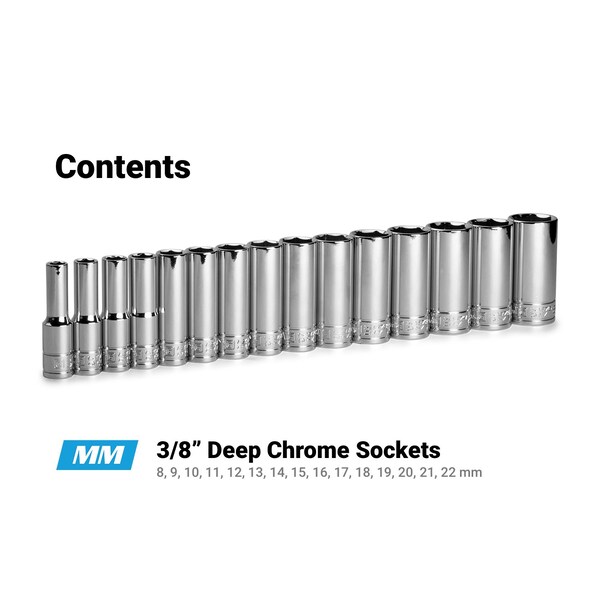 Capri Tools 38 Drive Deep Chrome Socket Set, 6Point, 8 to 22 mm, 15Pcs - CP12320-15MD