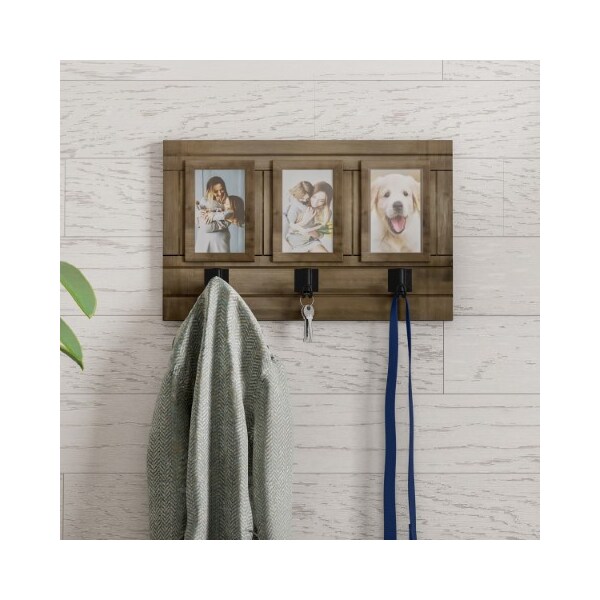 Hastings Home Wall Photo Collage with 3 Hanging Hooks, Wall Mounted Decor with Rustic Wood Look, Holds 4x6 Pictures - 998858OJT