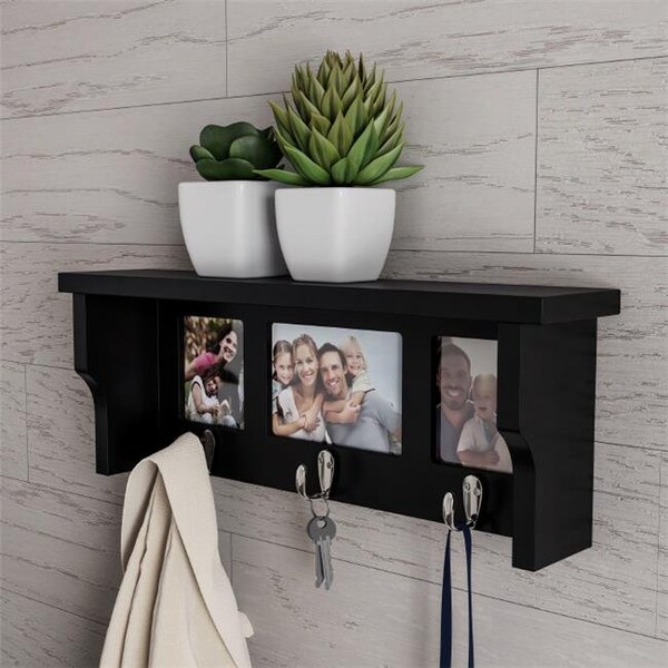 Lavish Home Lavish Home 80-WALLP-3 Wall Shelf & Picture Collage with Ledge & 3 Hanging Hooks - Black - 80-WALLP-3