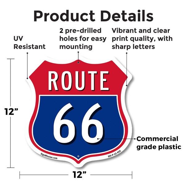 Signmission Route Marker Shield Sign Route 66, 12 Inch X 12 Inch, Plastic Sign - SHI-P-12-459