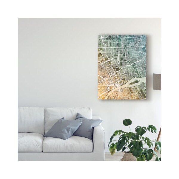 Trademark Fine Art Michael Tompsett 'Detroit Michigan City Map Teal Orange' Canvas Art, 24x32 - MT02398-C2432GG