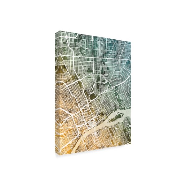 Trademark Fine Art Michael Tompsett 'Detroit Michigan City Map Teal Orange' Canvas Art, 24x32 - MT02398-C2432GG