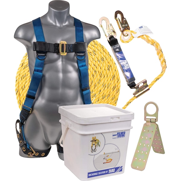 Palmer Safety Roofing Bucket Kit Full-Body Harness, 50Ft Vertical Rope & Anchor - V5501