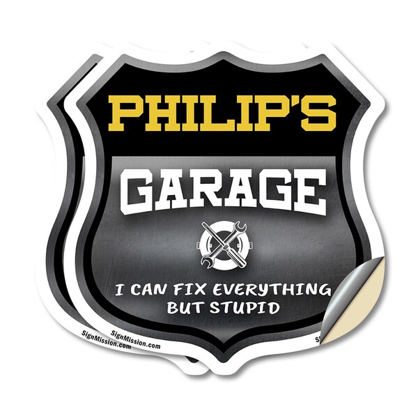Signmission Philip's Garage I Can Fix Everything But Stupid, 4 inch X 4 inch, Vinyl Decal, 2PK - SHI-D-2PACK-4-490-PHILIP