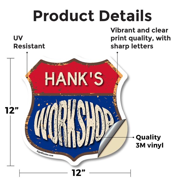 Signmission Hank's Workshop, 12 Inch X 12 Inch, Vinyl Decal - SHI-D-12-489-HANK