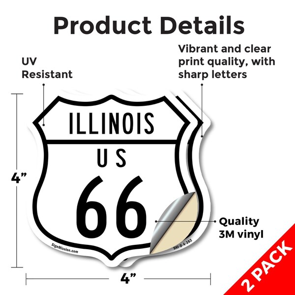 Signmission Illinois Route Marker Shield Sign Us 66, 4 inch X 4 inch, Vinyl Decal, 2PK - SHI-D-2PACK-4-382