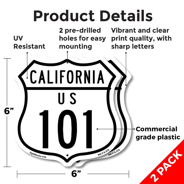 Signmission California Route Marker Shield Sign Us 1, 6 inch X 6 inch, Plastic Sign, 2PK - SHI-P-2PACK-6-370