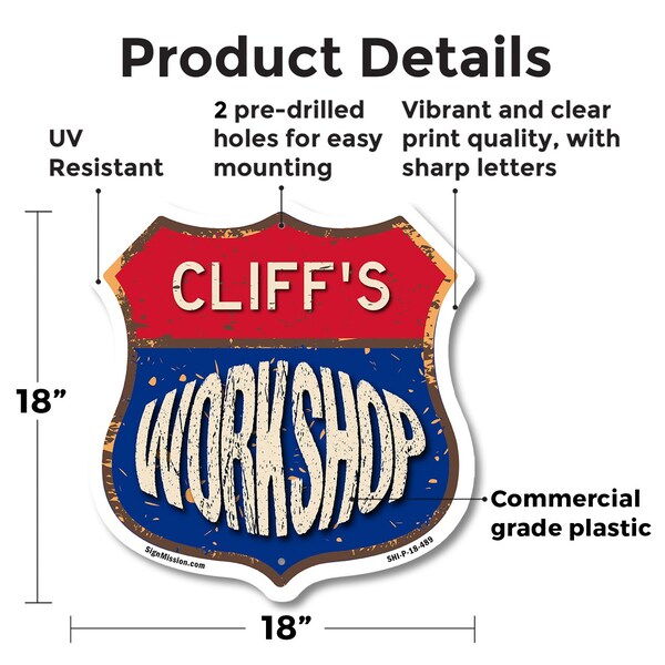 Signmission Cliff's Workshop, 18 Inch X 18 Inch, Plastic Sign - SHI-P-18-489-CLIFF