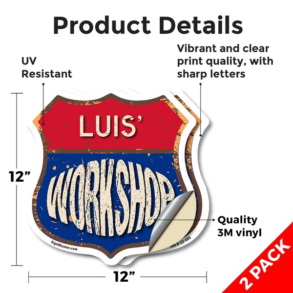 Signmission Luis's Workshop, 12 inch X 12 inch, Vinyl Decal, 2PK - SHI-D-2PACK-12-489-LUIS