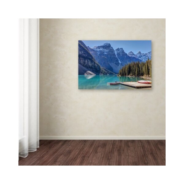 Trademark Fine Art Pierre Leclerc 'Moraine Lake Canoes' Canvas Art, 12x19 - PL0332-C1219GG