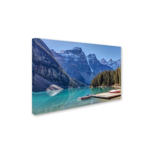 Trademark Fine Art Pierre Leclerc 'Moraine Lake Canoes' Canvas Art, 12x19 - PL0332-C1219GG
