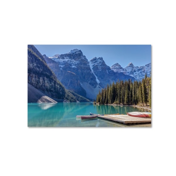Trademark Fine Art Pierre Leclerc 'Moraine Lake Canoes' Canvas Art, 12x19 - PL0332-C1219GG