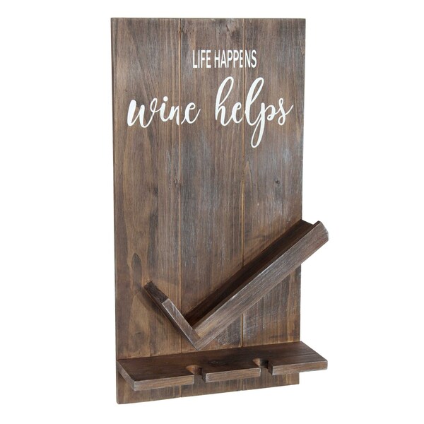 Elegant Designs Lucca Wall Mounted Wooden Life Happens Wine Helps, Wine Bottle Shelf w/Glass Holder, Restored Wood - HG1016-RWD