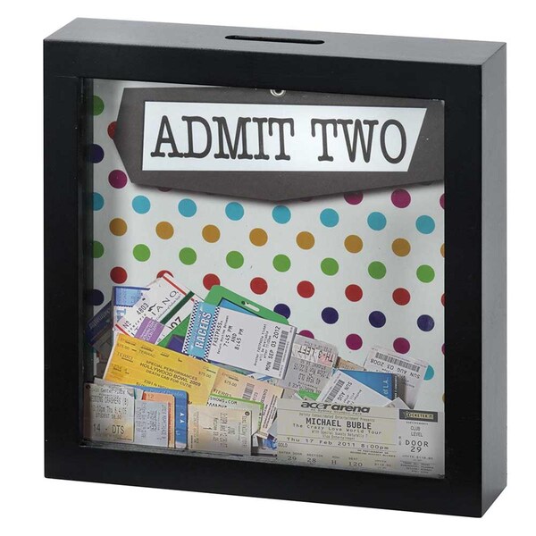 Dicksons Admit Two Polka Dot Wood Shadow Box Ticket Stub Holder, Black - 7 x 7 in. - 246629