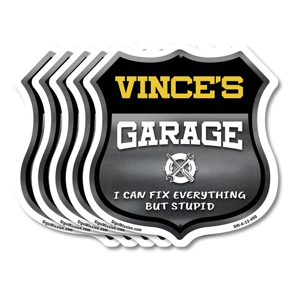 Signmission Vince's Garage I Can Fix Everything But Stupid, 12 inch X 12 inch, Aluminum Metal Sign, 5PK - SHI-A-5PACK-12-490-VINCE