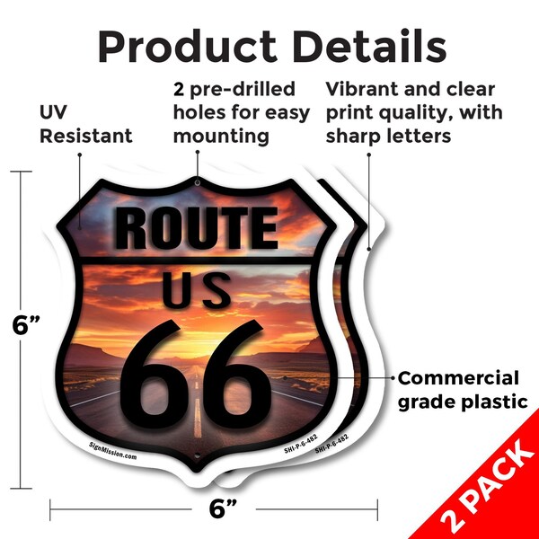 Signmission Route Us 66 Sunset, 6 inch X 6 inch, Plastic Sign, 2PK - SHI-P-2PACK-6-482