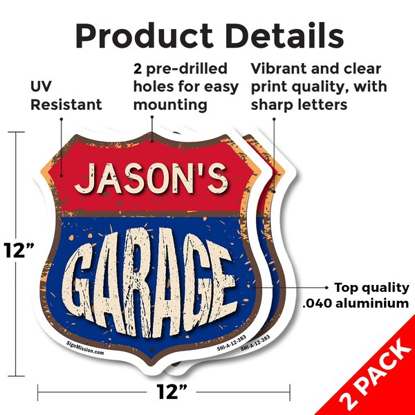 Signmission Jason's Garage, 12 inch X 12 inch, Aluminum Metal Sign, 2PK - SHI-A-2PACK-12-383-JASON