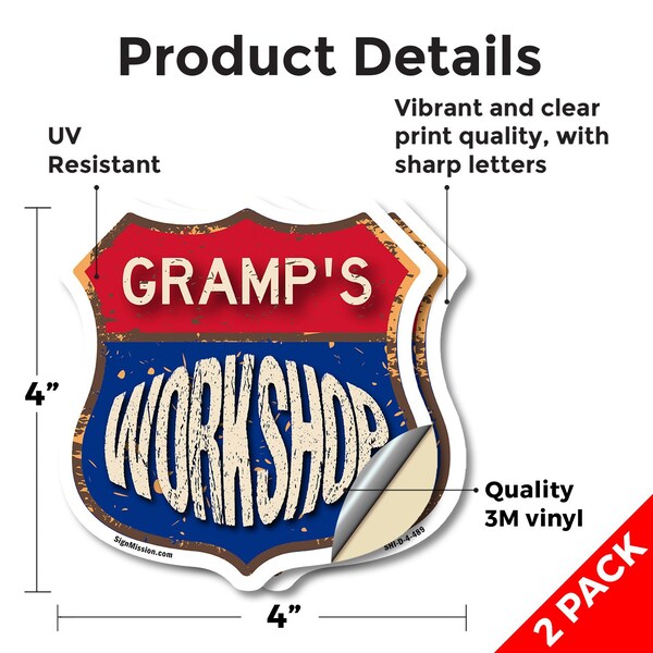 Signmission Gramp's Workshop, 4 inch X 4 inch, Vinyl Decal, 2PK - SHI-D-2PACK-4-489-GRAMP
