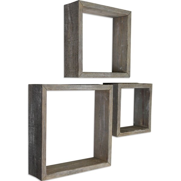Ekena Millwork Set of 3, Square, Open Back, Vintage Farmhouse Shadow Box Shelves, Barnwood Decor Collection - DECR15SBSQOBGY