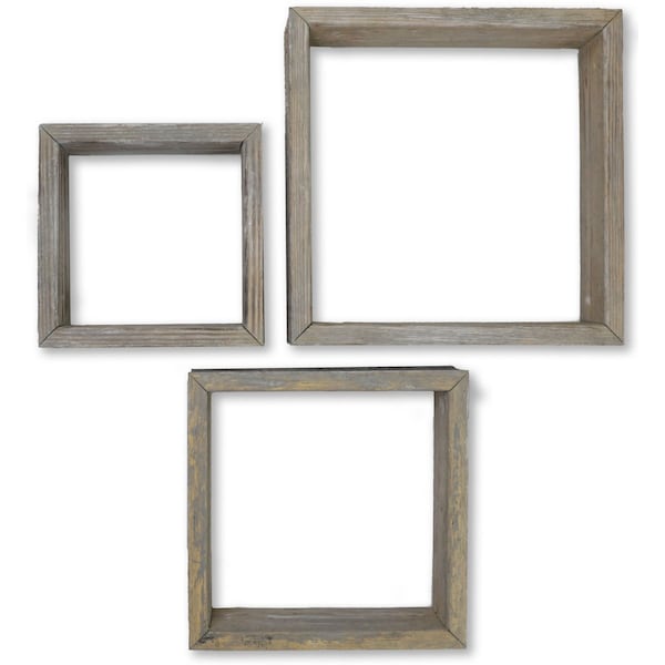 Ekena Millwork Set of 3, Square, Open Back, Vintage Farmhouse Shadow Box Shelves, Barnwood Decor Collection - DECR15SBSQOBGY